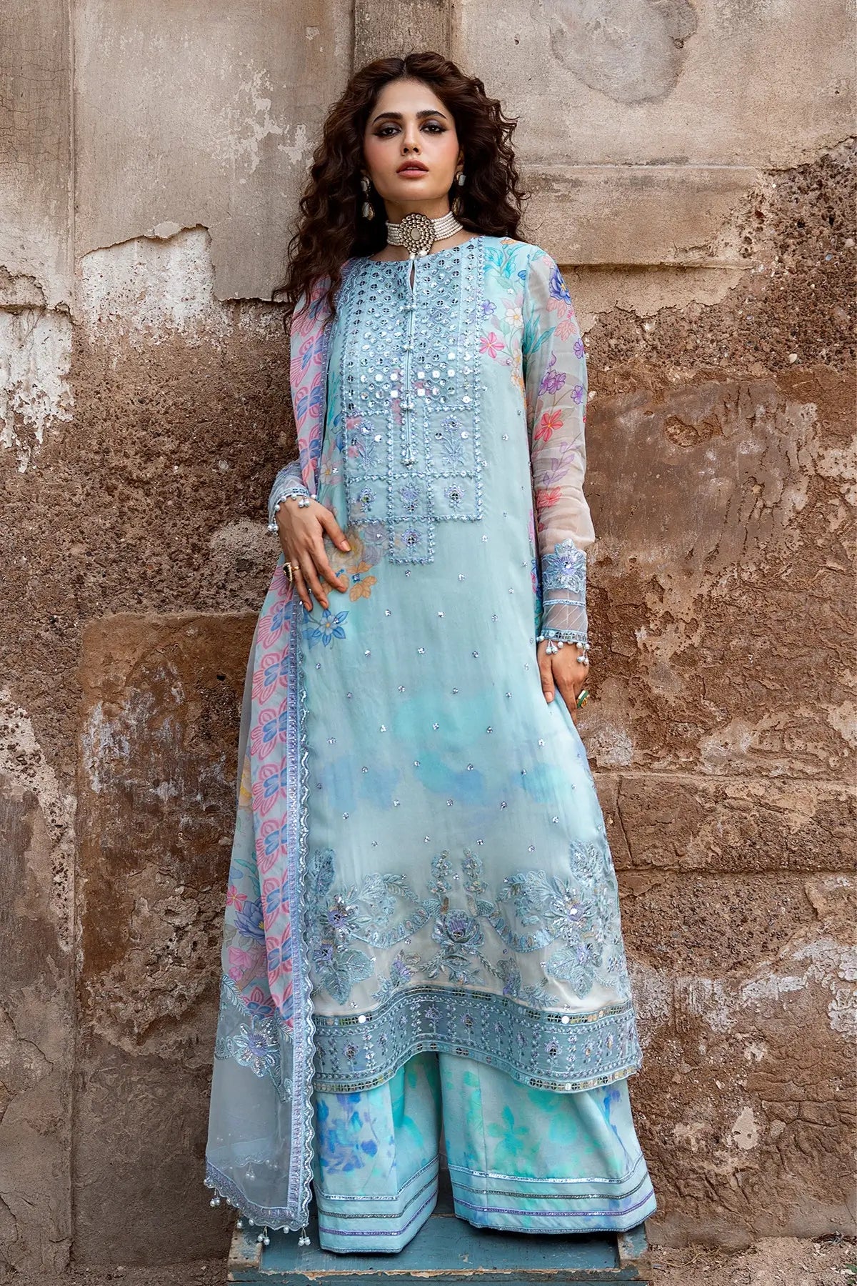 Charizma VSLW6-11 Ice Blue Festive Embroidered Chiffon Suit with Printed Raw Silk Trouser