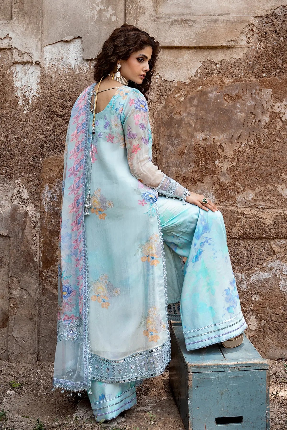 Charizma VSLW6-11 Ice Blue Festive Embroidered Chiffon Suit with Printed Raw Silk Trouser