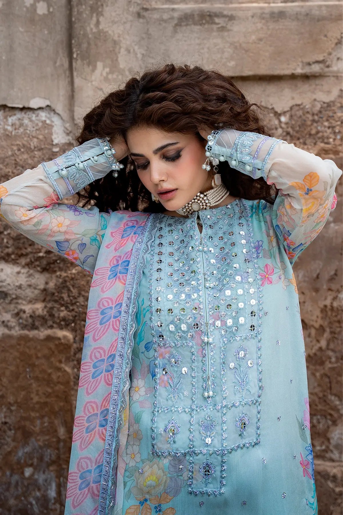 Charizma VSLW6-11 Ice Blue Festive Embroidered Chiffon Suit with Printed Raw Silk Trouser