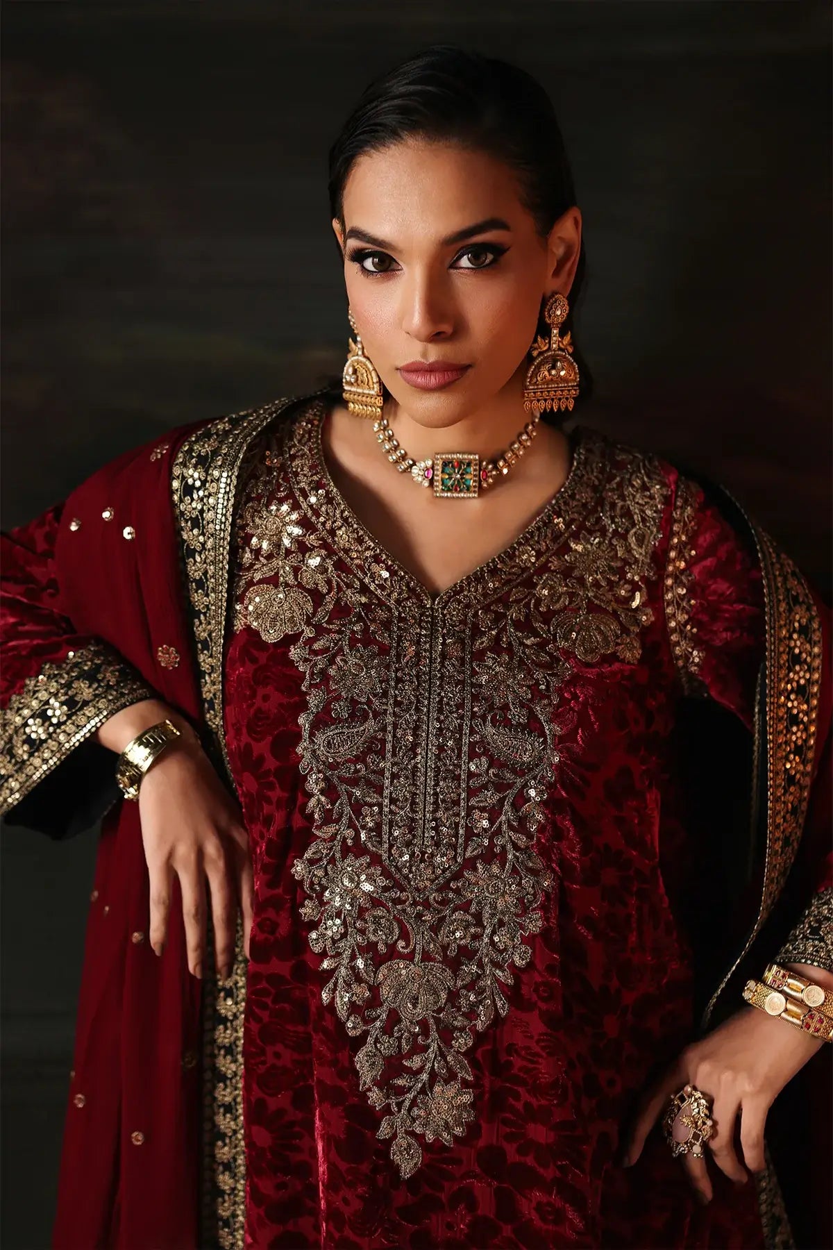 Charizma Signora maroon velvet embroidered stitched formal outfit
