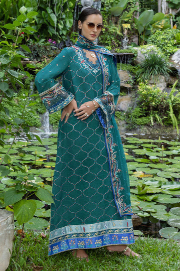 Valene teal blue raw silk embroidered outfit with chiffon dupatta & trousers – stitched semi-formal dress.