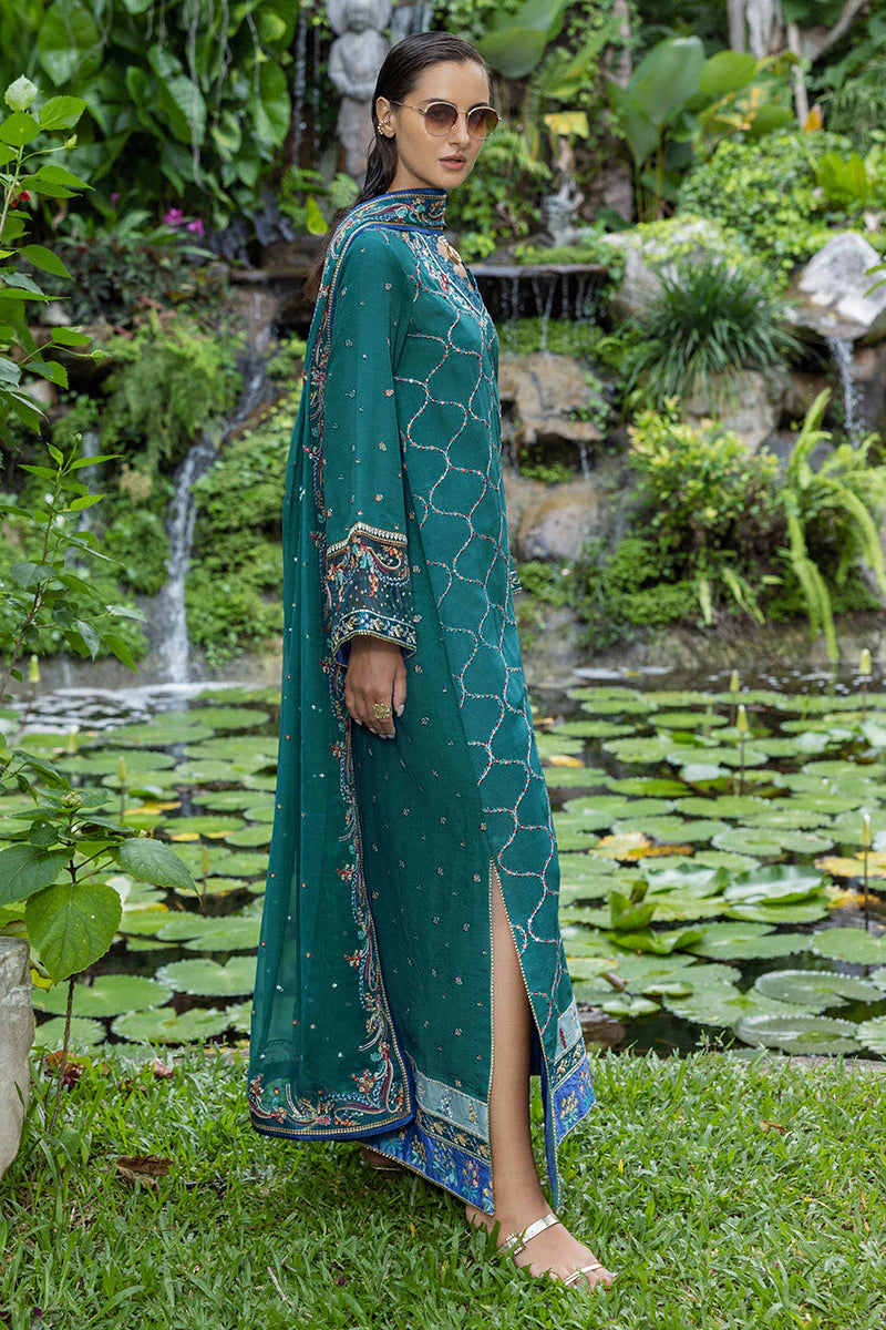 Valene teal blue raw silk embroidered outfit with chiffon dupatta & trousers – stitched semi-formal dress.