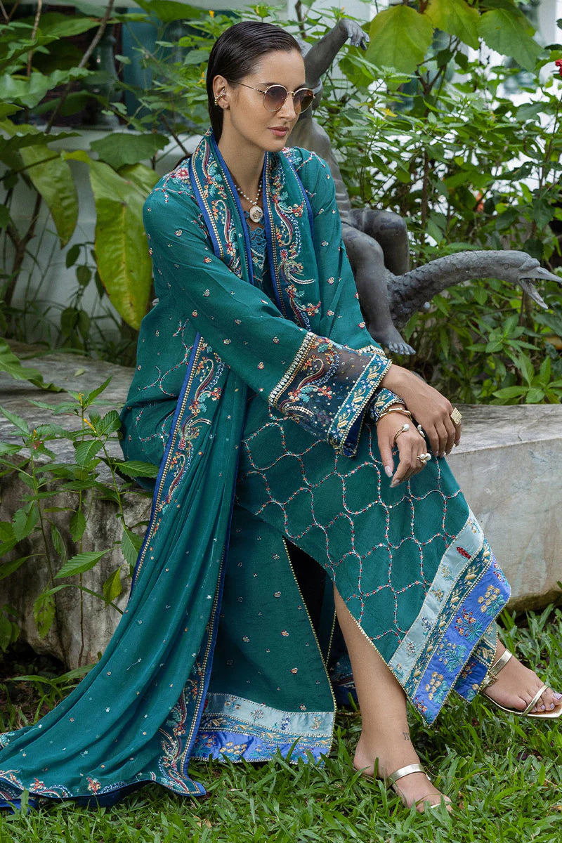 Valene teal blue raw silk embroidered outfit with chiffon dupatta & trousers – stitched semi-formal dress.