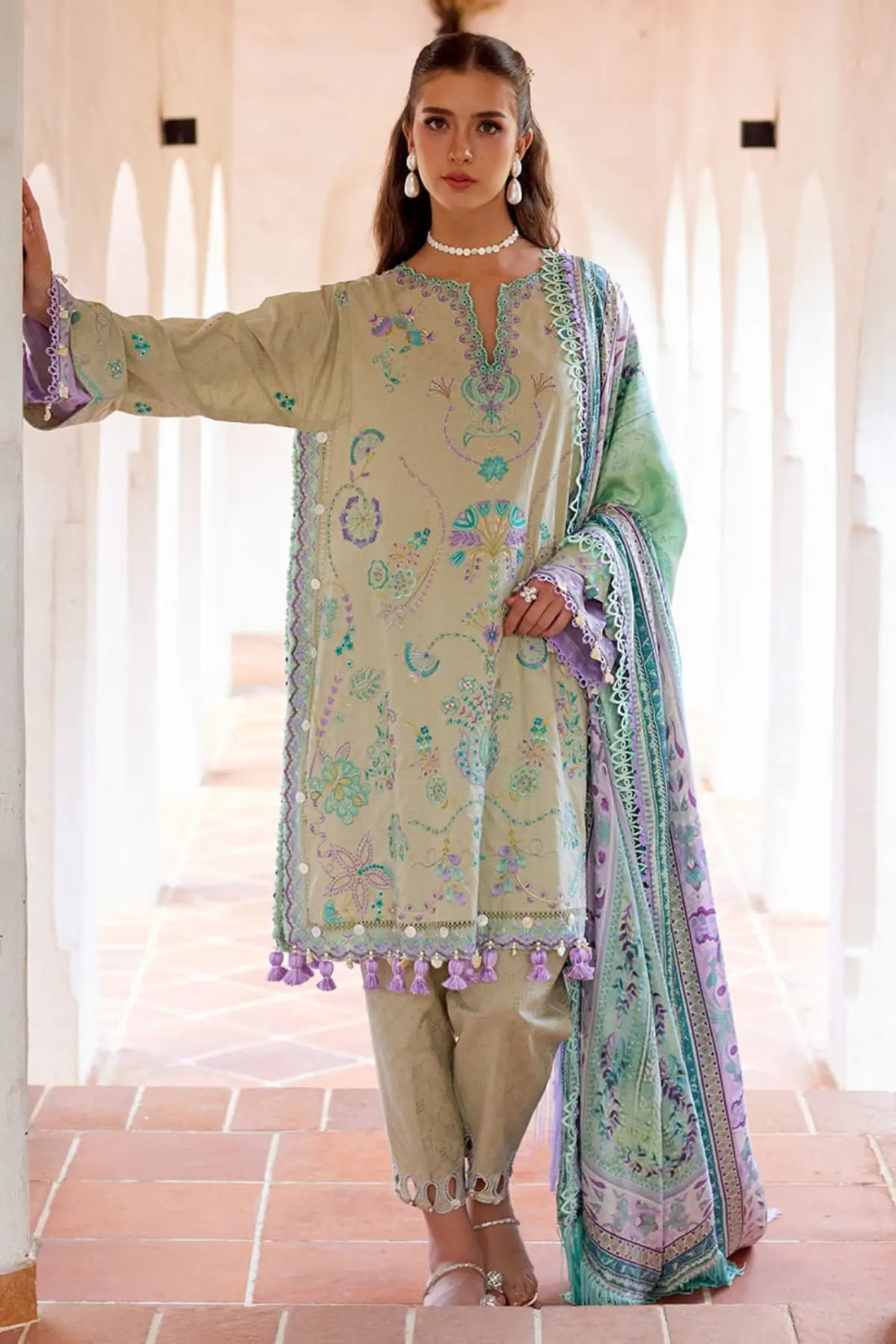 Valeria Olive by Farah Talib Aziz olive embroidered luxury lawn stitched 3PC suit