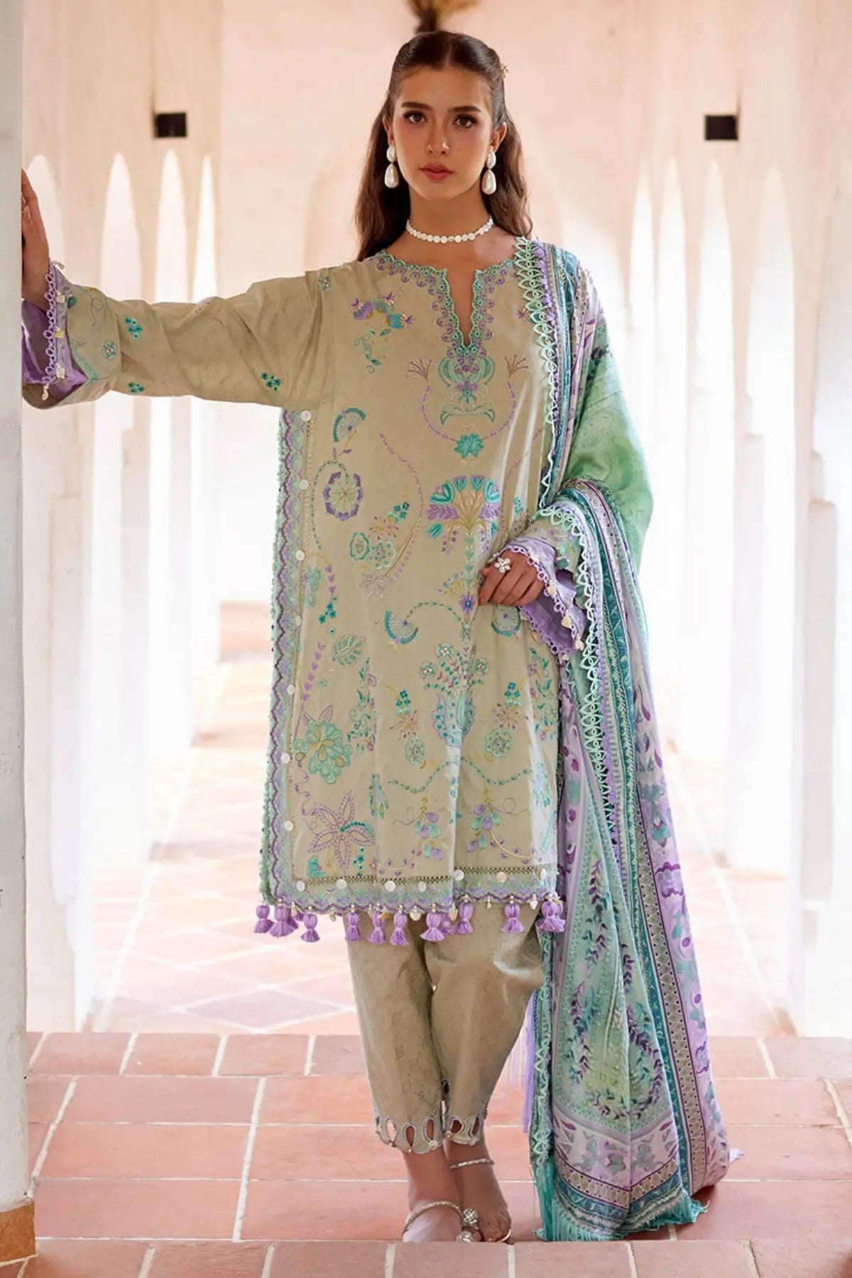 Valeria Olive by Farah Talib Aziz olive embroidered luxury lawn stitched 3PC suit