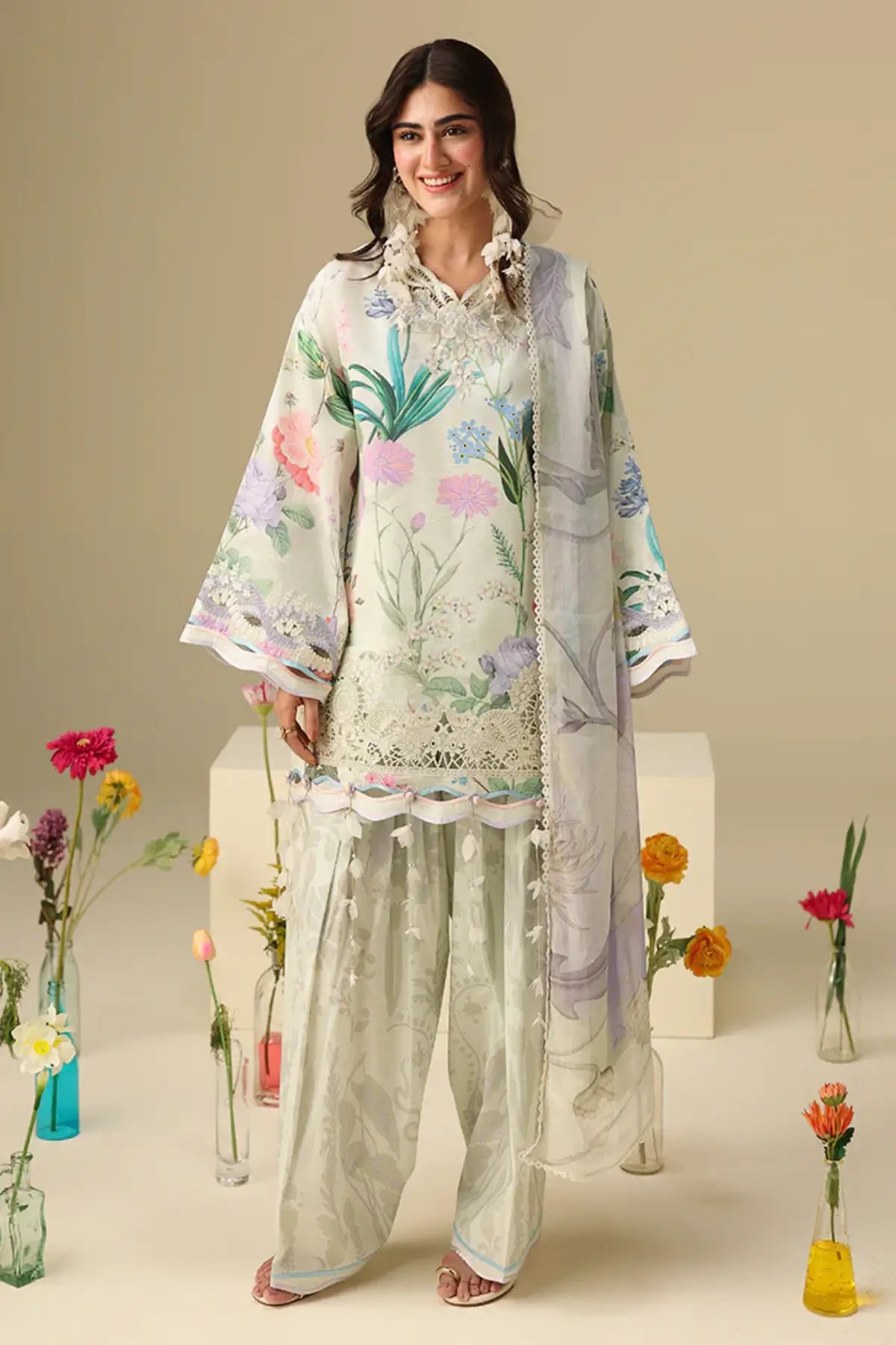 Vanilla Lush Mushq Soleil Prints mint green stitched lawn suit with chiffon dupatta and 3D embroidered details