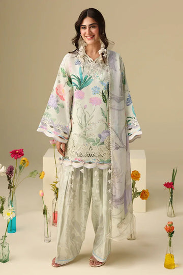 Vanilla Lush Mushq Soleil Prints mint green stitched lawn suit with chiffon dupatta and 3D embroidered details