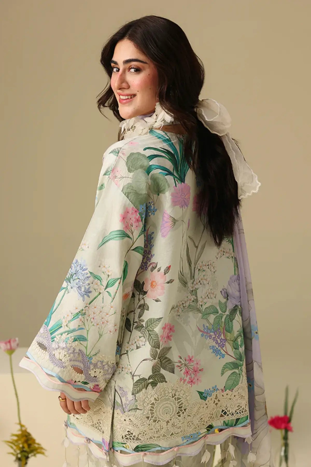 Vanilla Lush Mushq Soleil Prints mint green stitched lawn suit with chiffon dupatta and 3D embroidered details