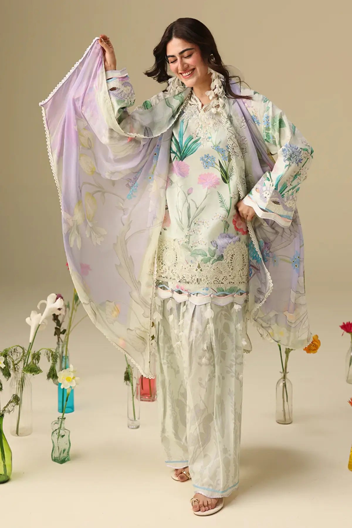 Vanilla Lush Mushq Soleil Prints mint green stitched lawn suit with chiffon dupatta and 3D embroidered details