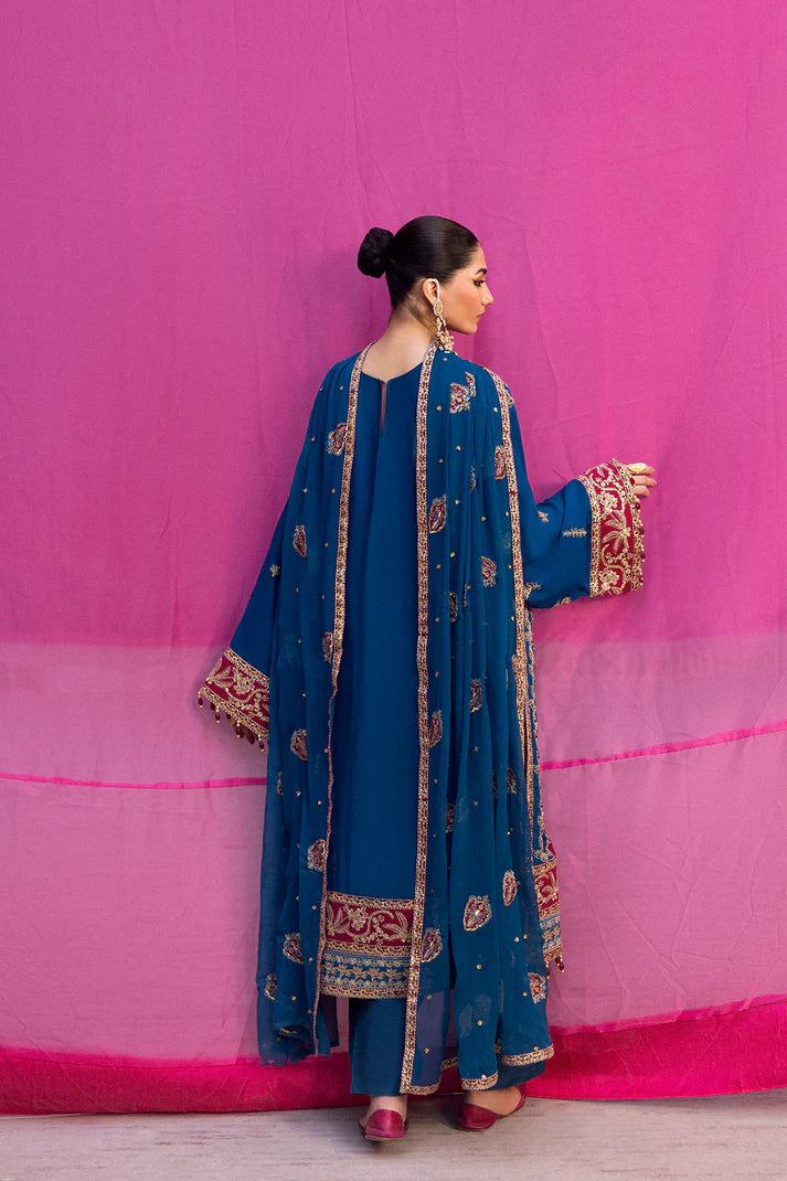 Velanis luxury dark blue chiffon embroidered outfit with handmade neckline, raw silk trouser, and organza embroidered dupatta by Emaan Adeel at Pakistanimoda.com.