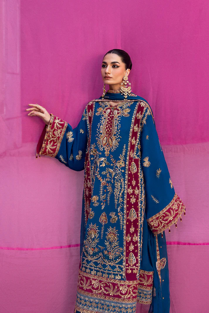 Velanis luxury dark blue chiffon embroidered outfit with handmade neckline, raw silk trouser, and organza embroidered dupatta by Emaan Adeel at Pakistanimoda.com.