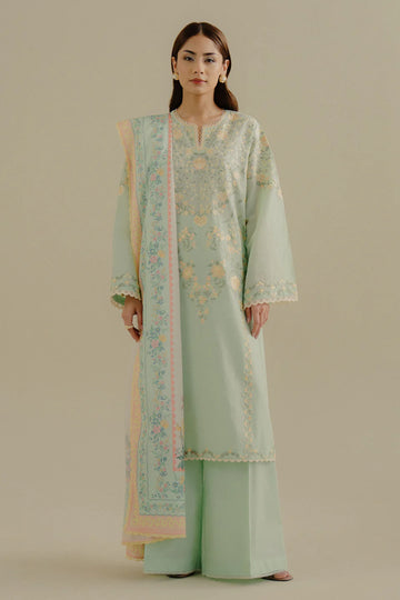 Velin-7A- Elegant sea green embroidered lawn ensemble By- Zara Shahjahan