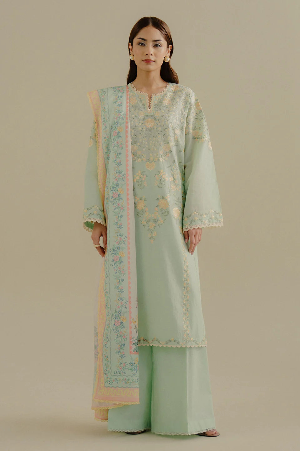Velin-7A- Elegant sea green embroidered lawn ensemble By- Zara Shahjahan