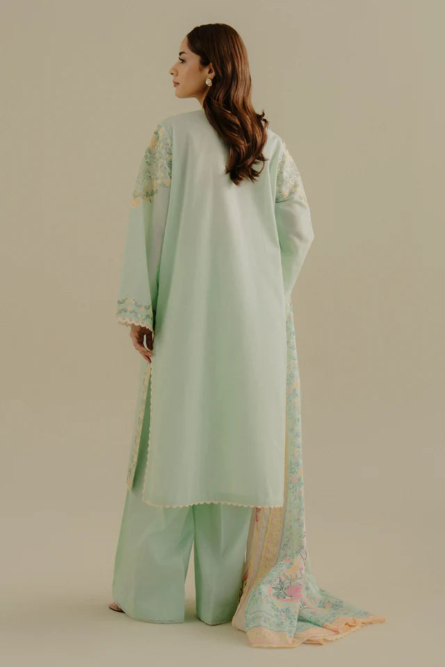 Velin-7A- Elegant sea green embroidered lawn ensemble By- Zara Shahjahan