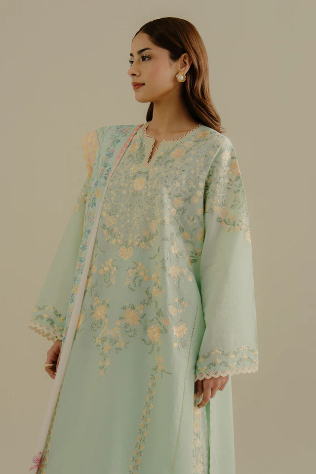 Velin-7A- Elegant sea green embroidered lawn ensemble By- Zara Shahjahan
