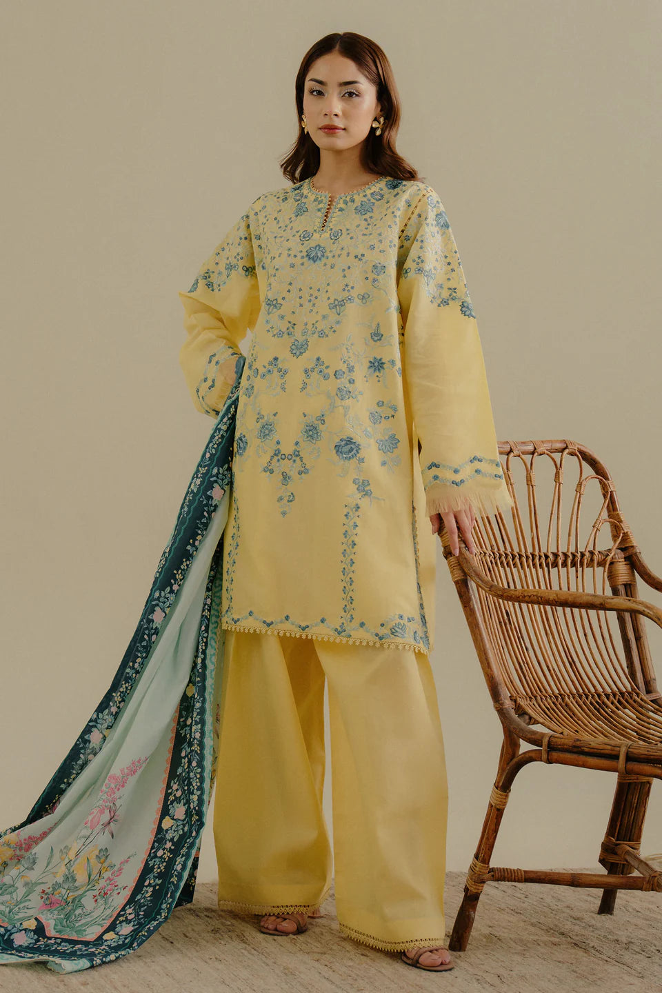 Velin-7B- Yellow base embroidered lawn suit By- Zara Shahjahan