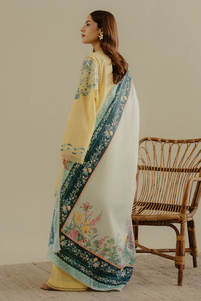 Velin-7B- Yellow base embroidered lawn suit By- Zara Shahjahan