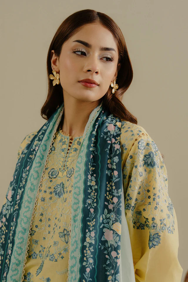 Velin-7B- Yellow base embroidered lawn suit By- Zara Shahjahan