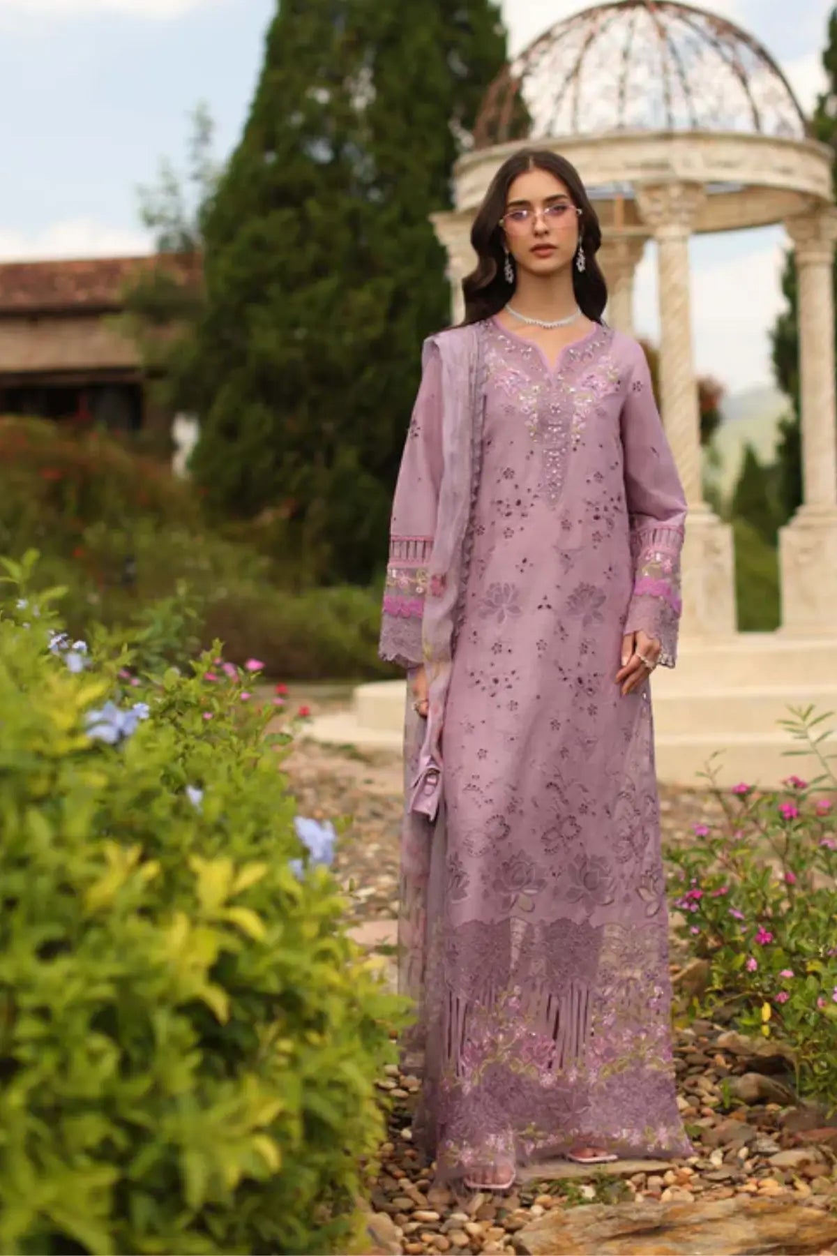 Saadia Asad Velisse D9-A mauve stitched lawn suit with chiffon dupatta from Noor Luxury Eid Schiffli ’26