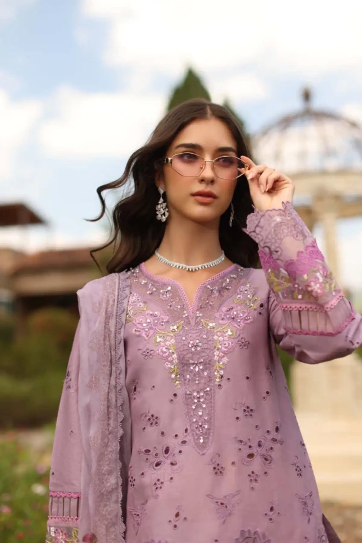 Saadia Asad Velisse D9-A mauve stitched lawn suit with chiffon dupatta from Noor Luxury Eid Schiffli ’26