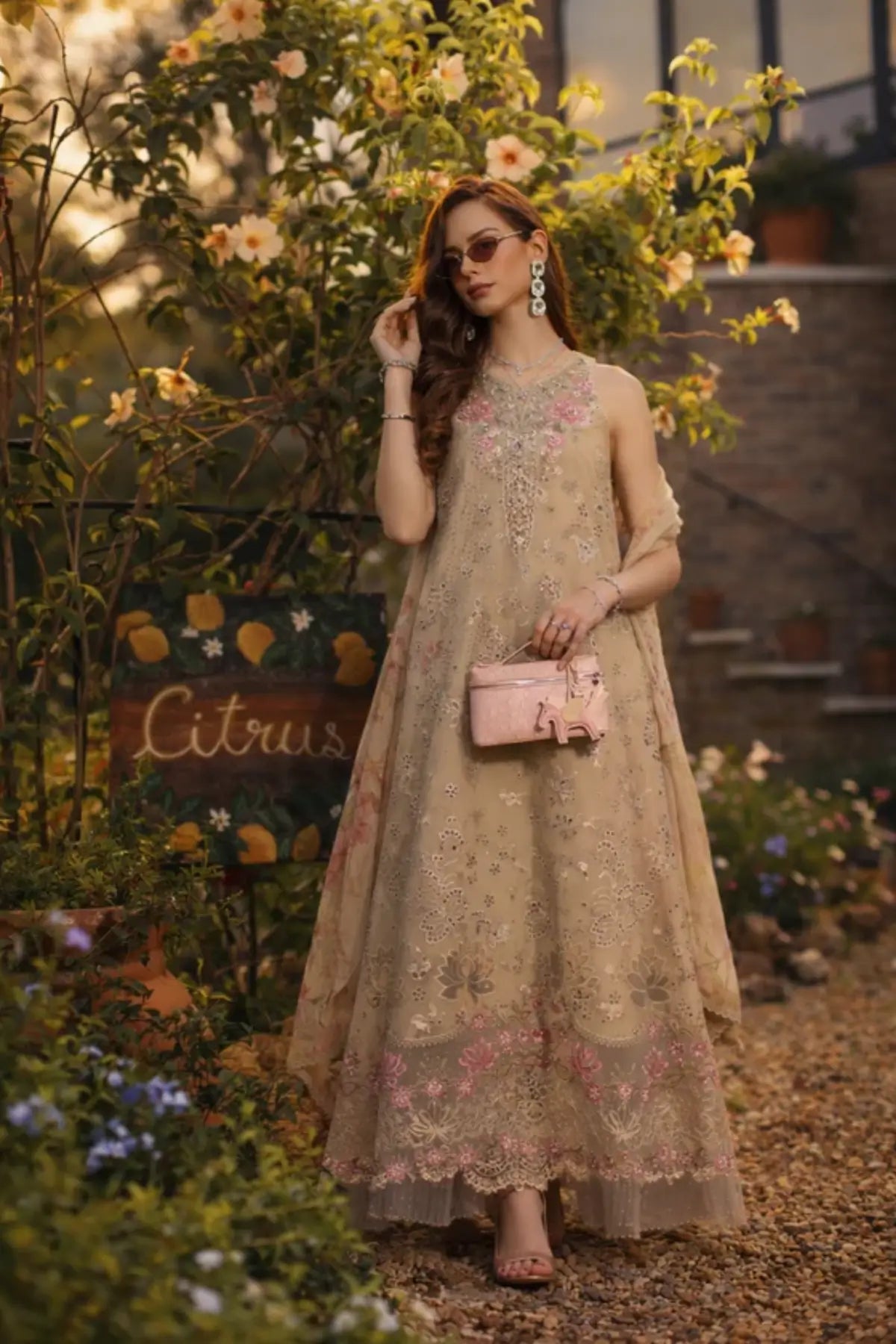 Velisse D9-B bisque beige embroidered lawn stitched 3PC suit by Saadia Asad with chiffon dupatta and cambric trouser