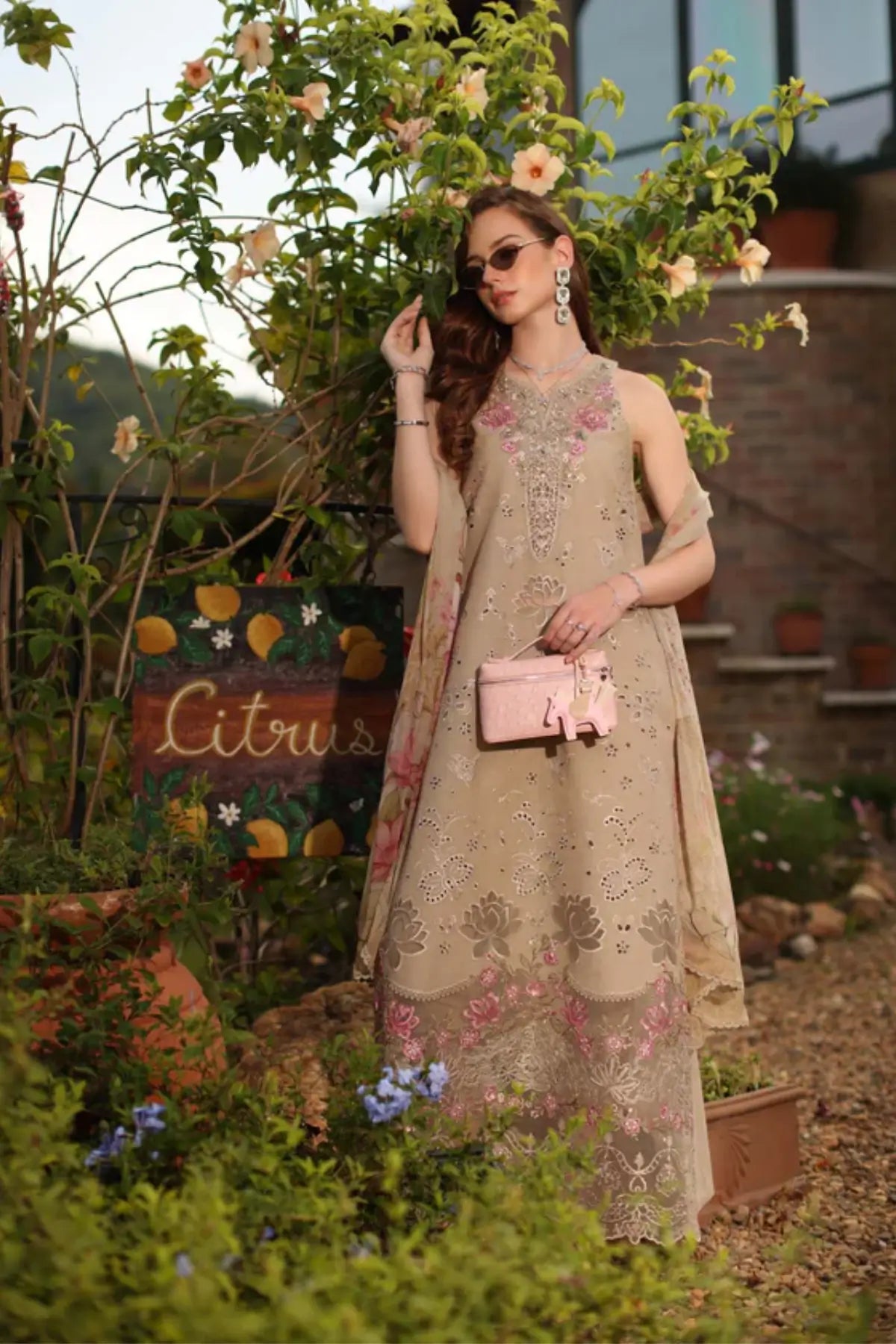 Velisse D9-B bisque beige embroidered lawn stitched 3PC suit by Saadia Asad with chiffon dupatta and cambric trouser
