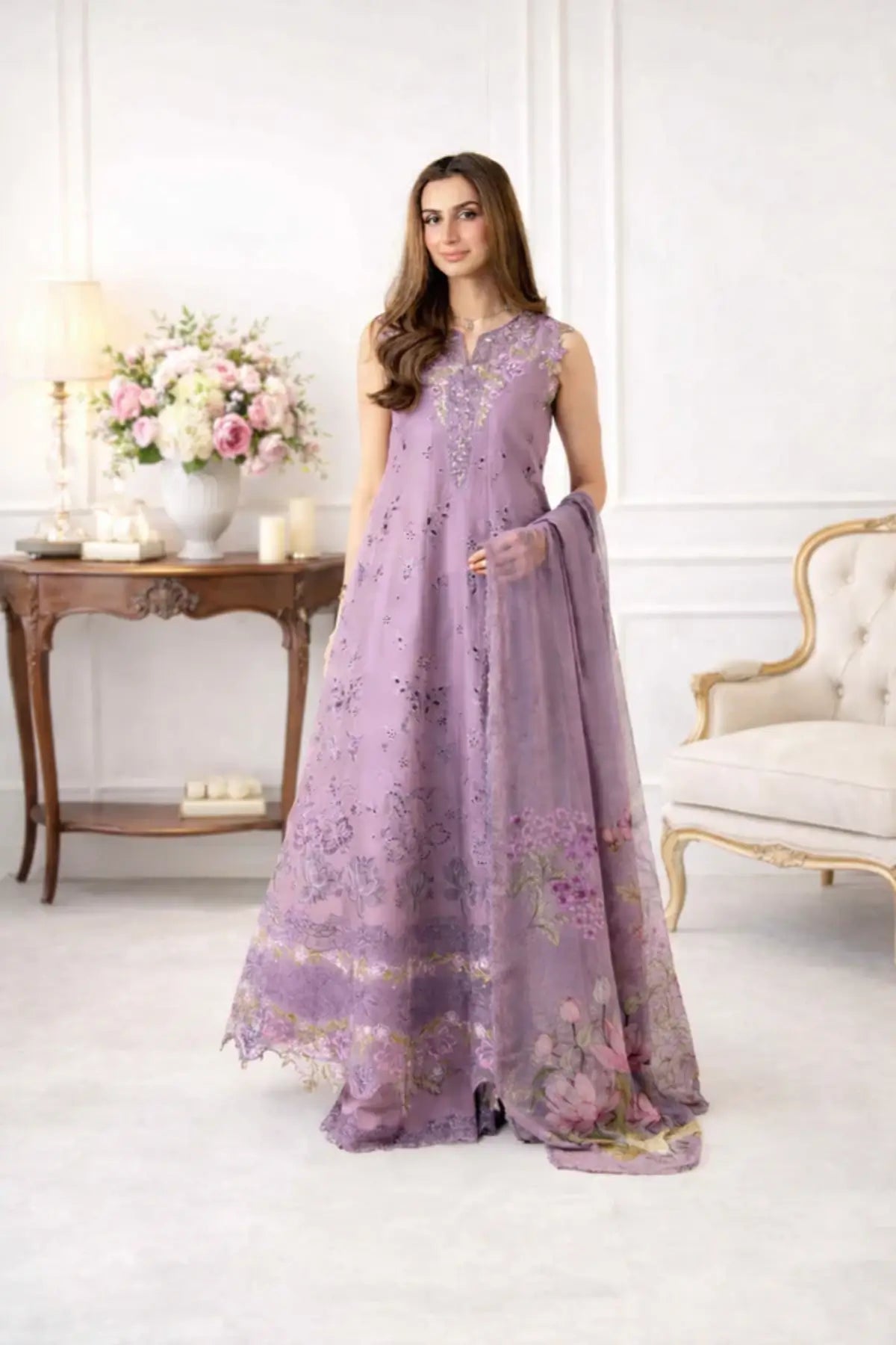 Saadia Asad Velisse D9-A mauve stitched lawn suit with chiffon dupatta from Noor Luxury Eid Schiffli ’26
