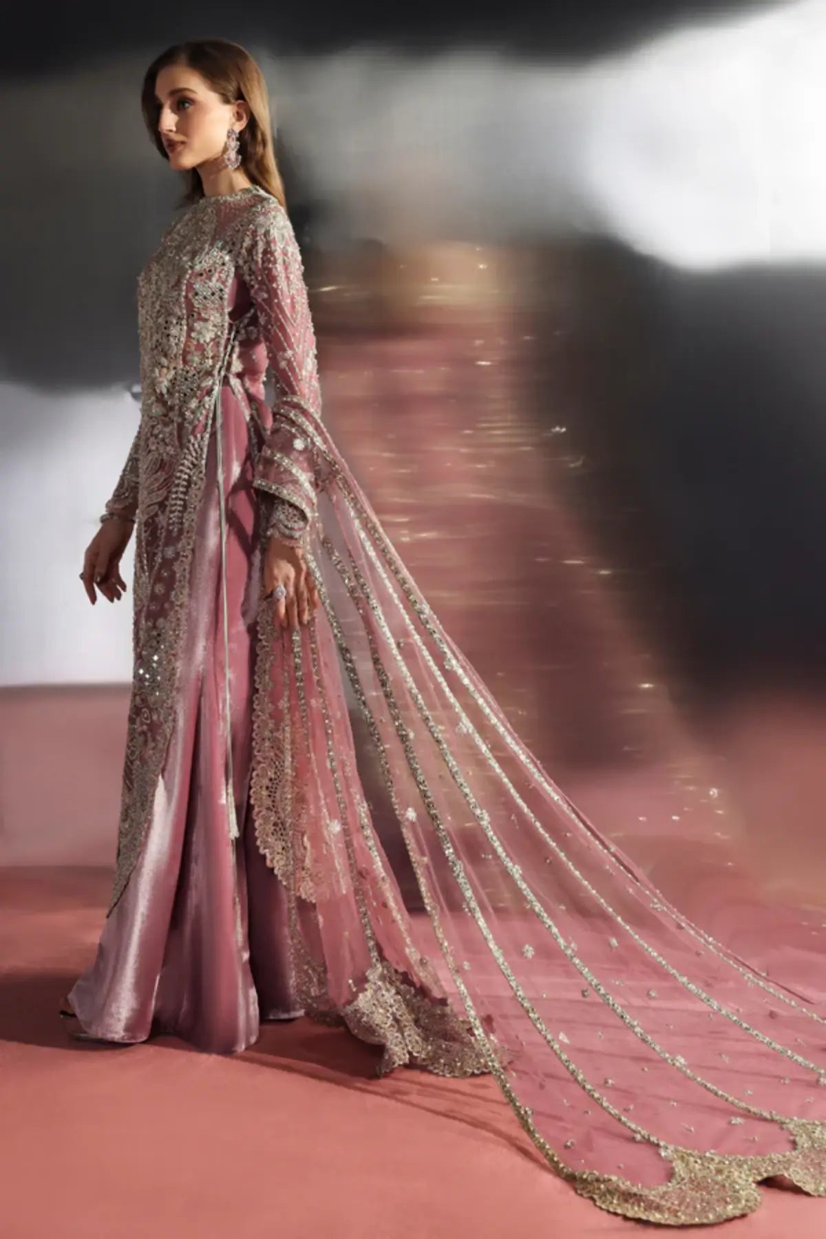 Velisse by Soraya rose pink hand embellished formal dress with velvet pants and five-panel dupatta