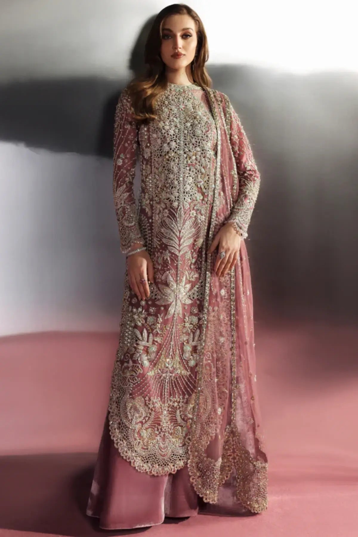 Velisse by Soraya rose pink hand embellished formal dress with velvet pants and five-panel dupatta