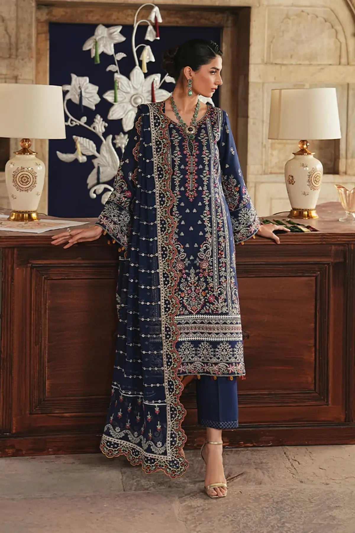 Gulaal Velmira blue embroidered Maisone lawn stitched three piece suit ready to wear