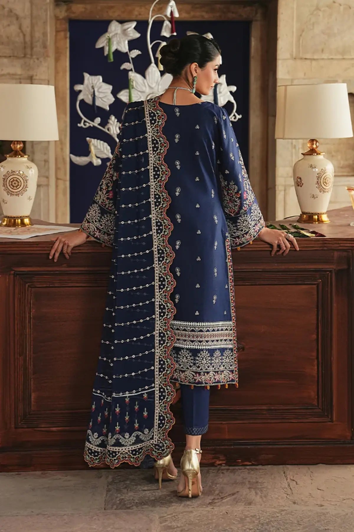 Gulaal Velmira blue embroidered Maisone lawn stitched three piece suit ready to wear