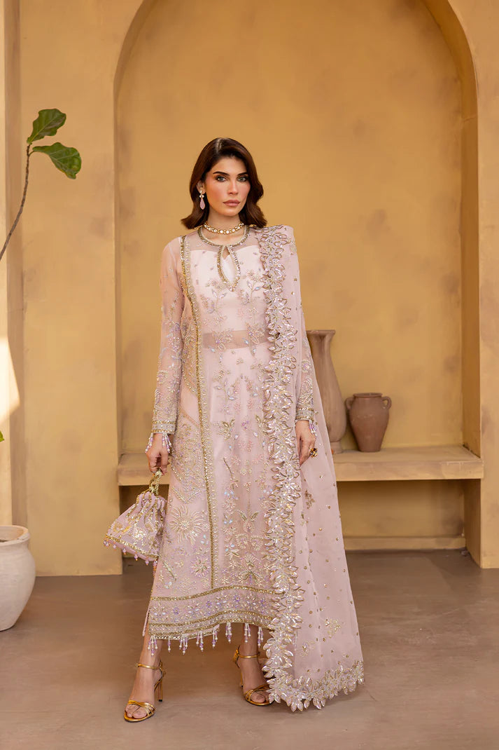 Soft pink embroidered organza dress with dupatta and silk trousers.