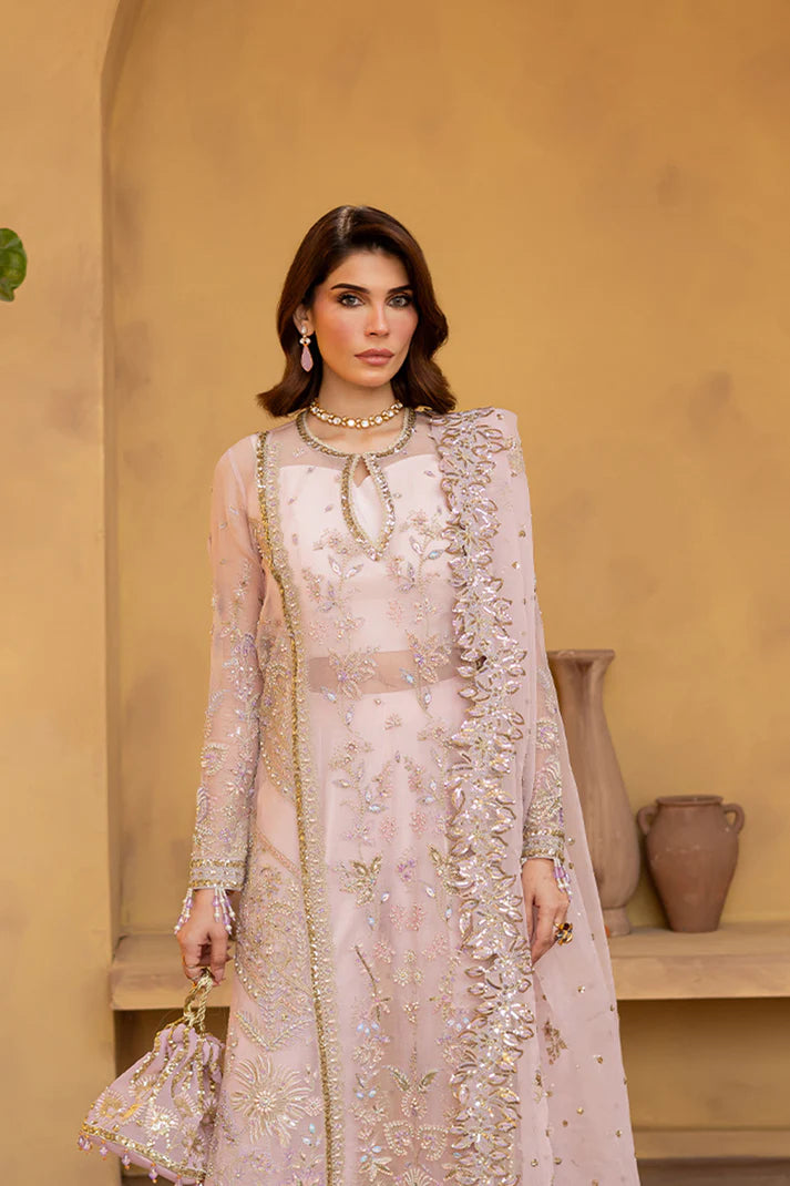 Soft pink embroidered orga.nza dress with dupatta and silk trousers