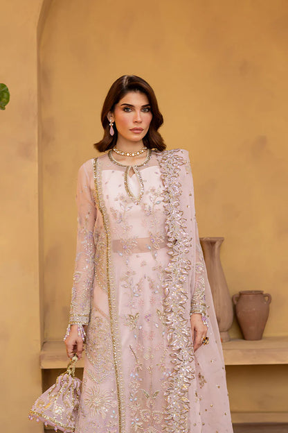 Soft pink embroidered orga.nza dress with dupatta and silk trousers