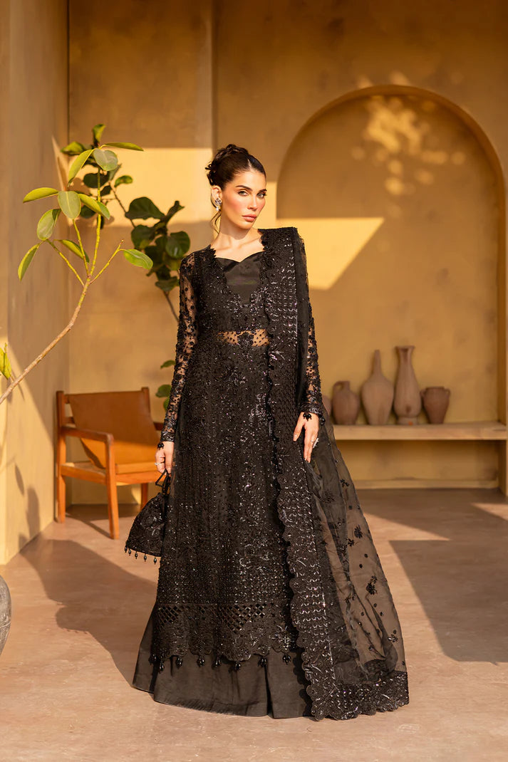 Black organza embroidered formal dress with dupatta and silk trousers.