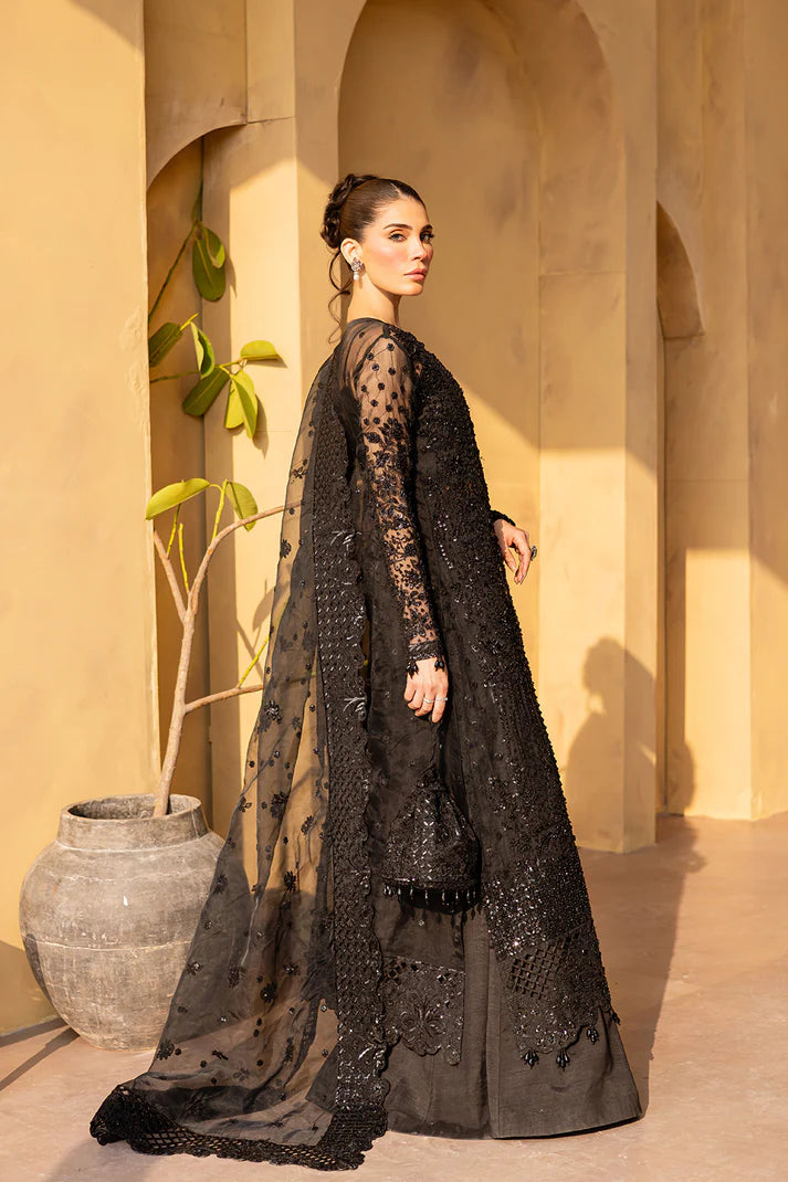 Black organza embroidered formal dress with dupatta and silk trousers.