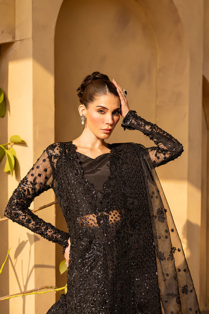 Black organza embroidered formal dress with dupatta and silk trousers.