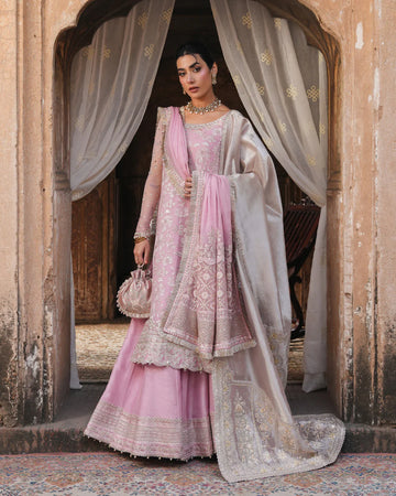 Vemita- Festive Luxe Pink Embroidered Korean Raw Silk Sharara Suit
