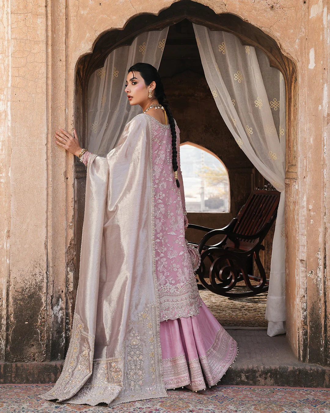 Vemita- Festive Luxe Pink Embroidered Korean Raw Silk Sharara Suit