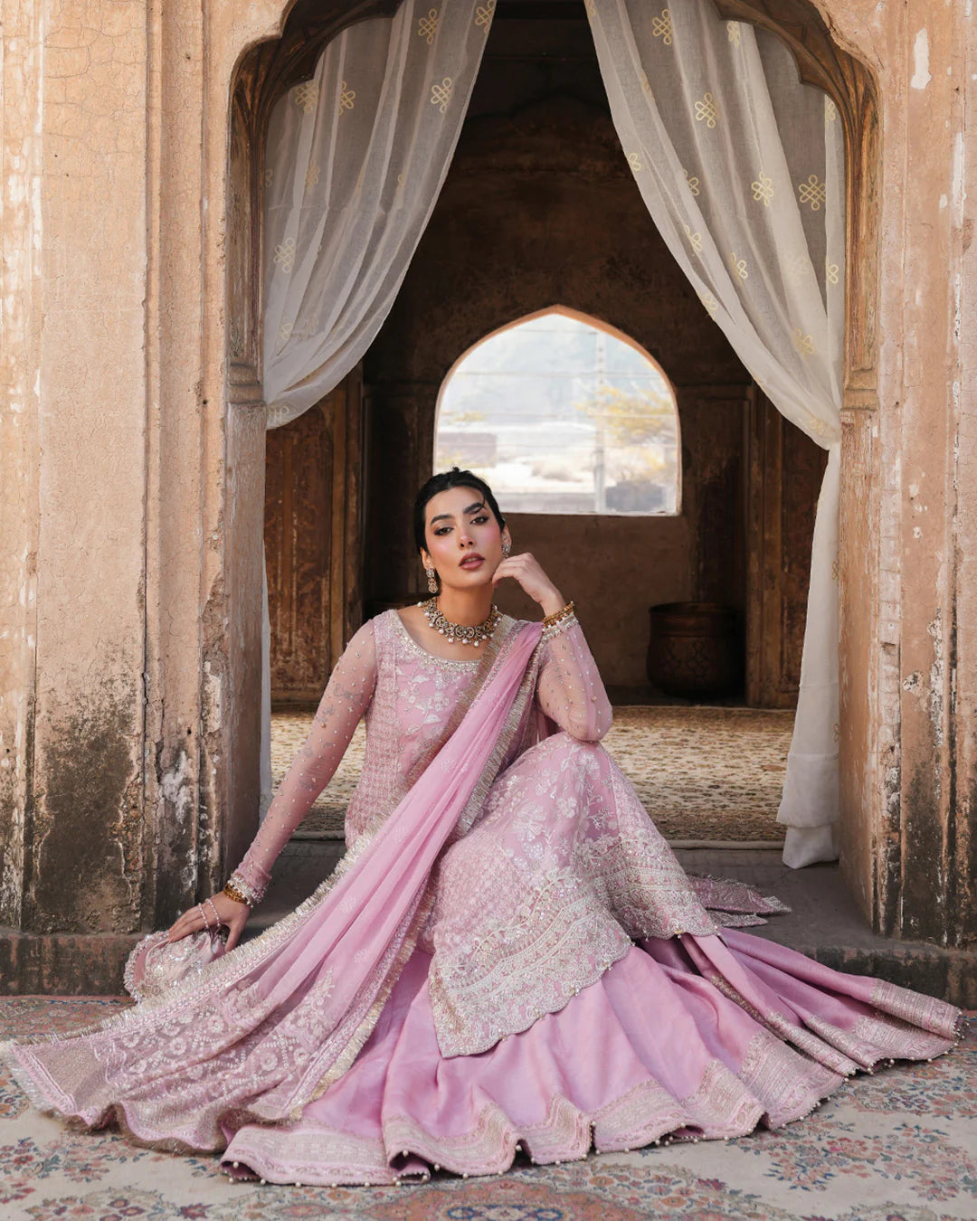 Vemita- Festive Luxe Pink Embroidered Korean Raw Silk Sharara Suit
