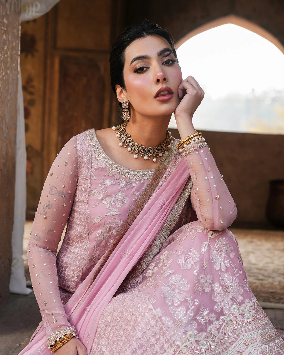 Vemita- Festive Luxe Pink Embroidered Korean Raw Silk Sharara Suit
