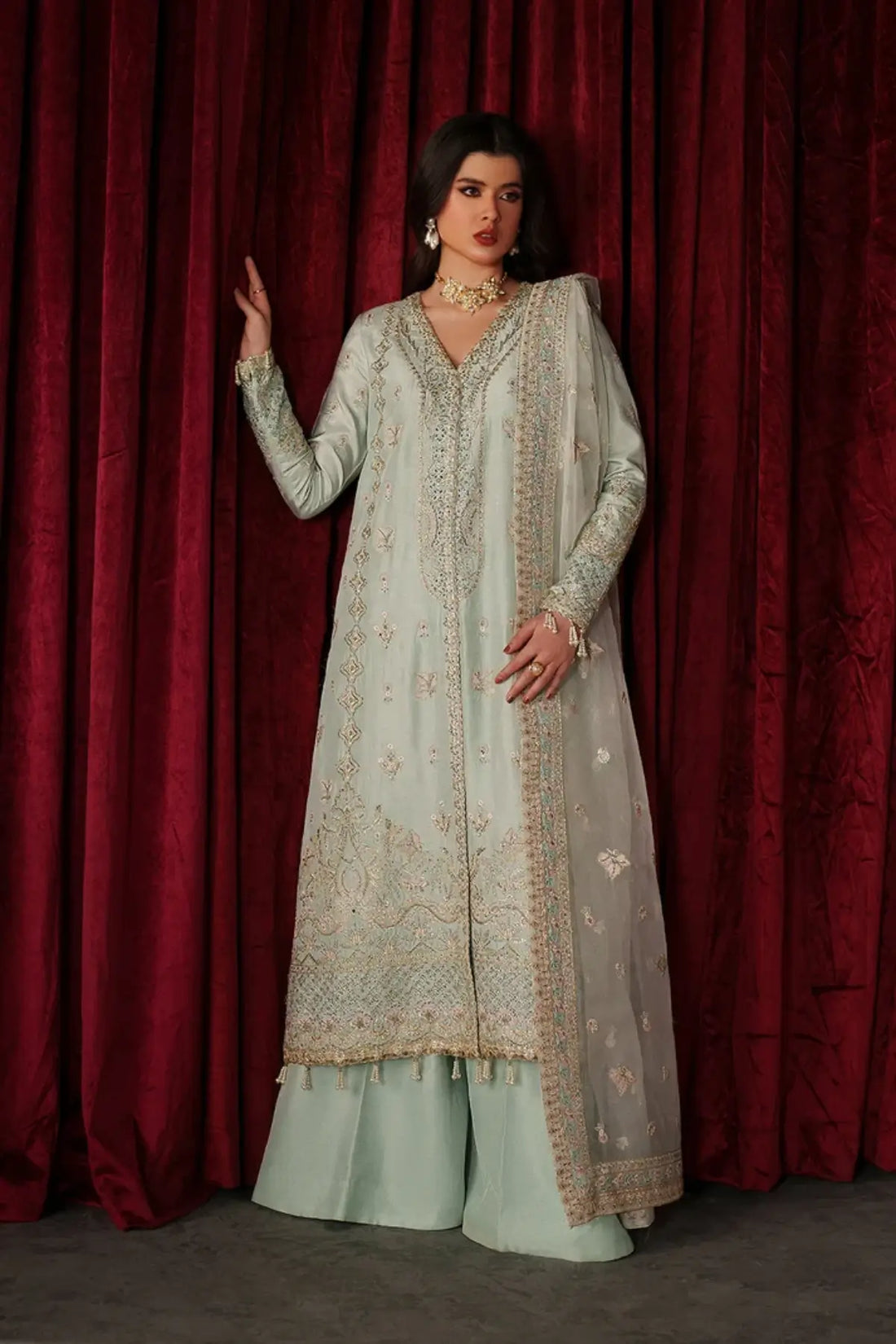 Venezia mint embroidered raw silk stitched 3PC Pakistani festive suit with organza dupatta