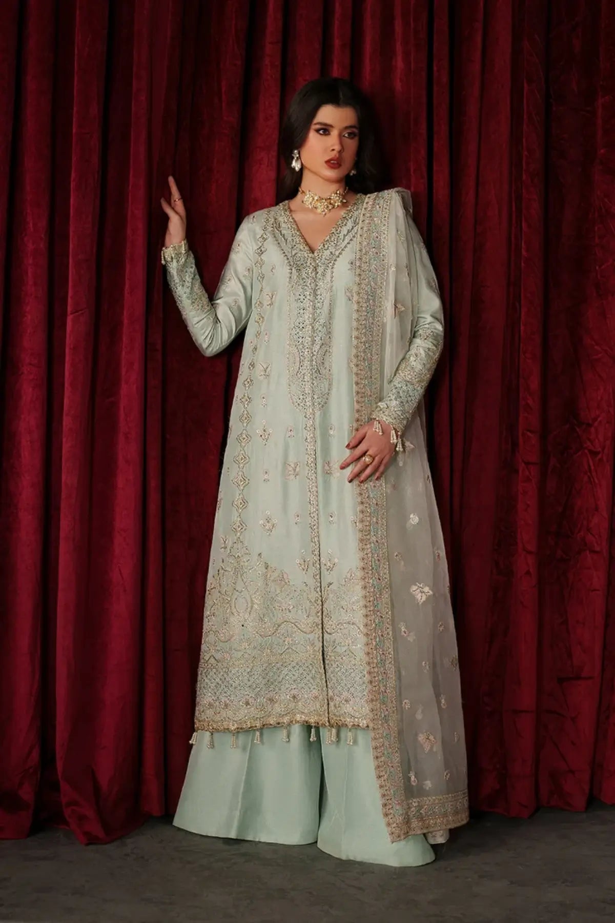 Venezia mint embroidered raw silk stitched 3PC Pakistani festive suit with organza dupatta