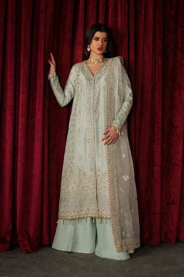 Venezia mint embroidered raw silk stitched 3PC Pakistani festive suit with organza dupatta