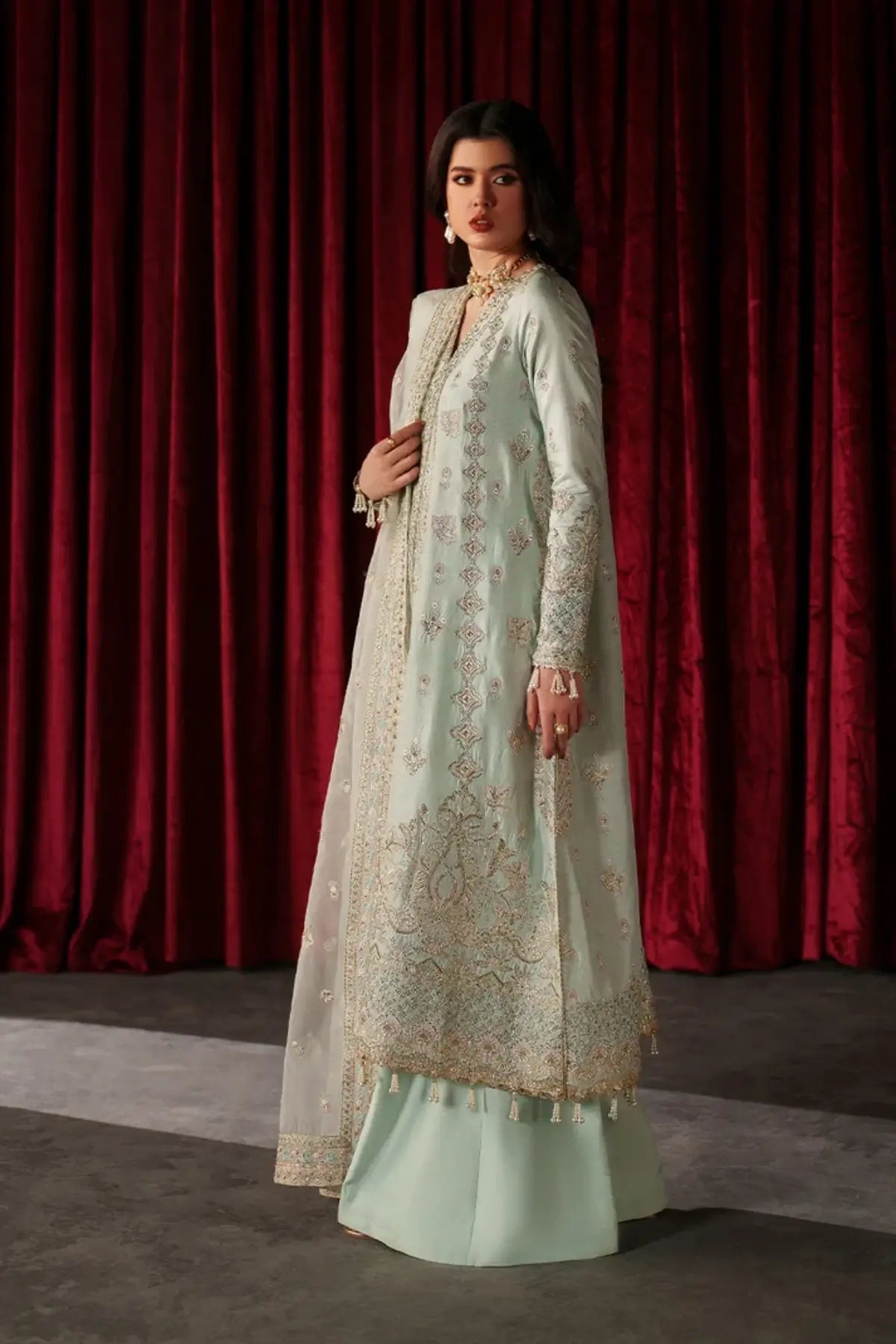 Venezia mint embroidered raw silk stitched 3PC Pakistani festive suit with organza dupatta