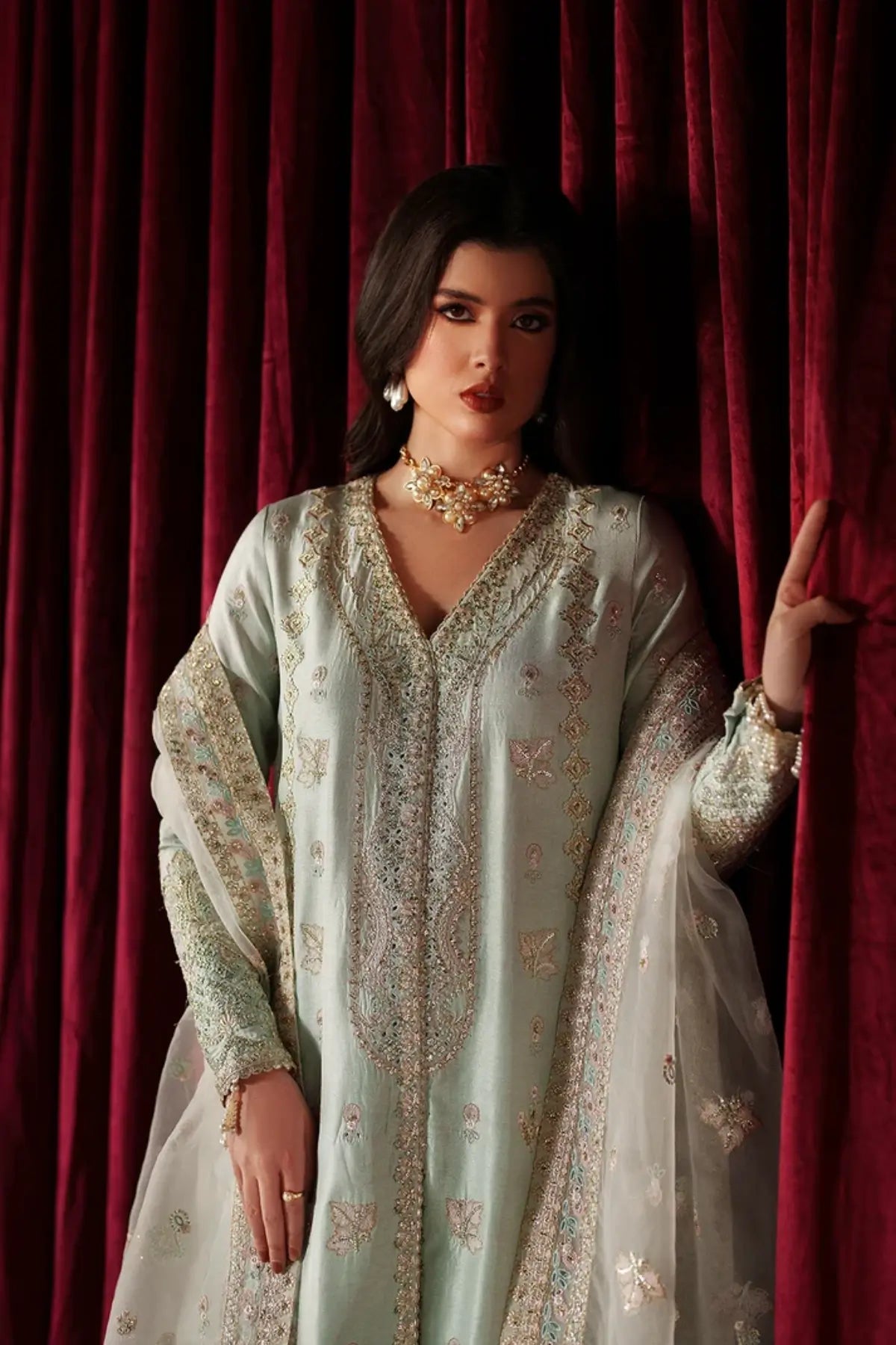 Venezia mint embroidered raw silk stitched 3PC Pakistani festive suit with organza dupatta