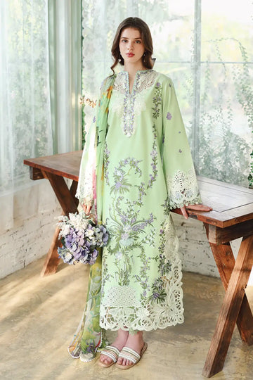 Mushq Verdant Bloom grape green lawn suit with chiffon dupatta, organza daman borders, side slit lace and tassel neckline