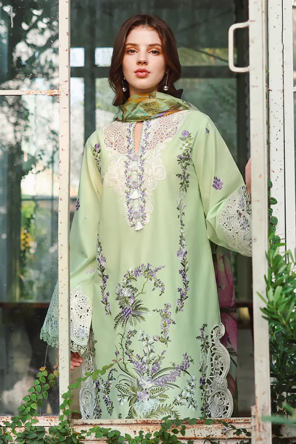 Mushq Verdant Bloom grape green lawn suit with chiffon dupatta, organza daman borders, side slit lace and tassel neckline