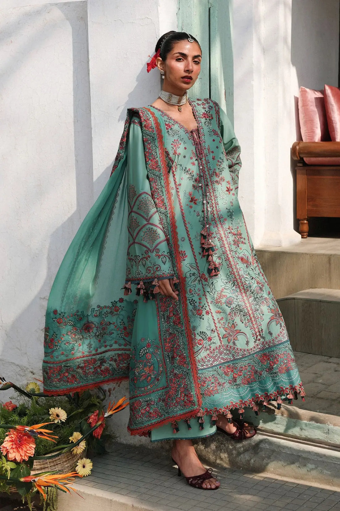 Aqua green Verdant by Hussain Rehar stitched lawn 3PC with detailed floral embroidery