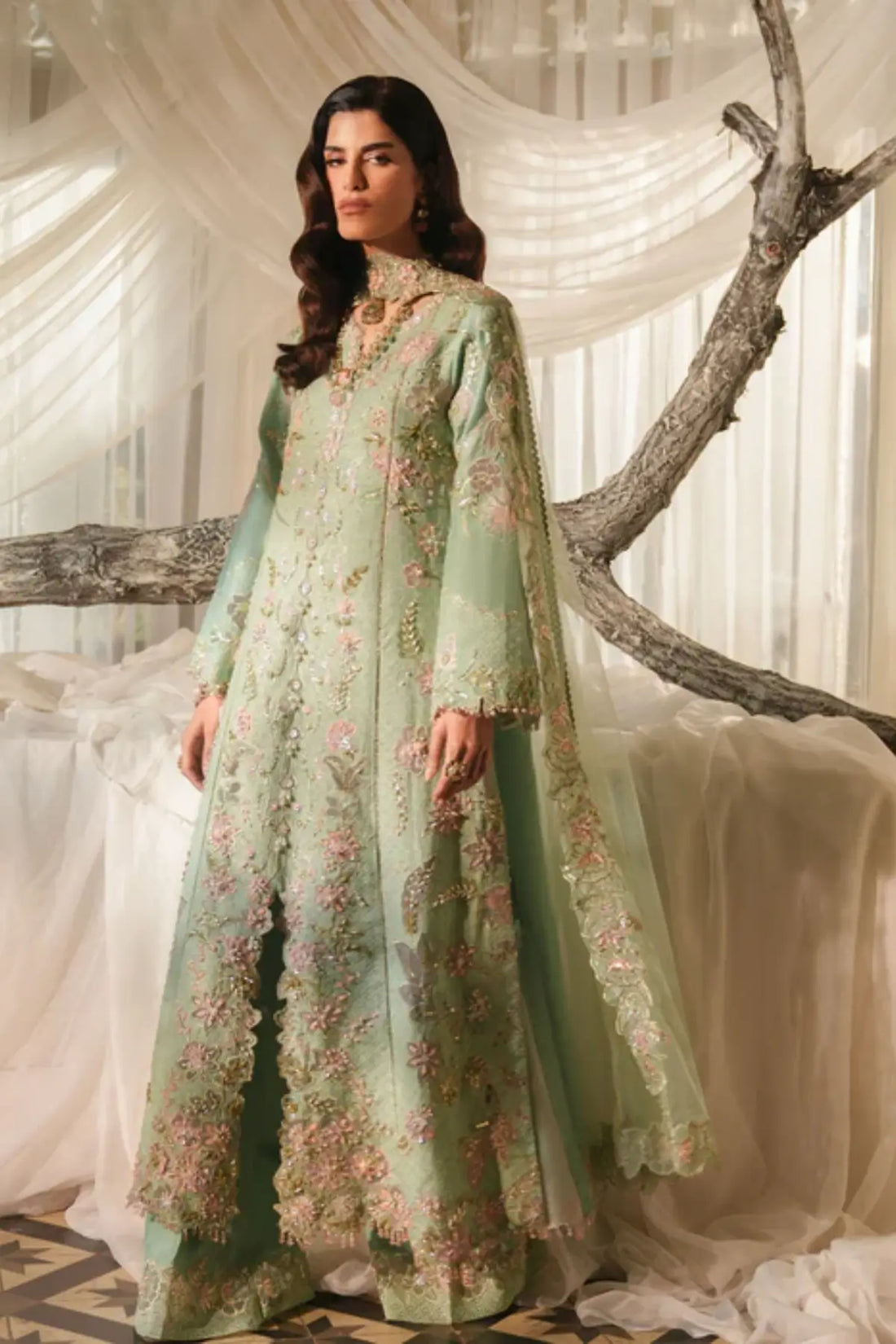 Verdant by Saira Shakira mint green festive formal dress with net dupatta